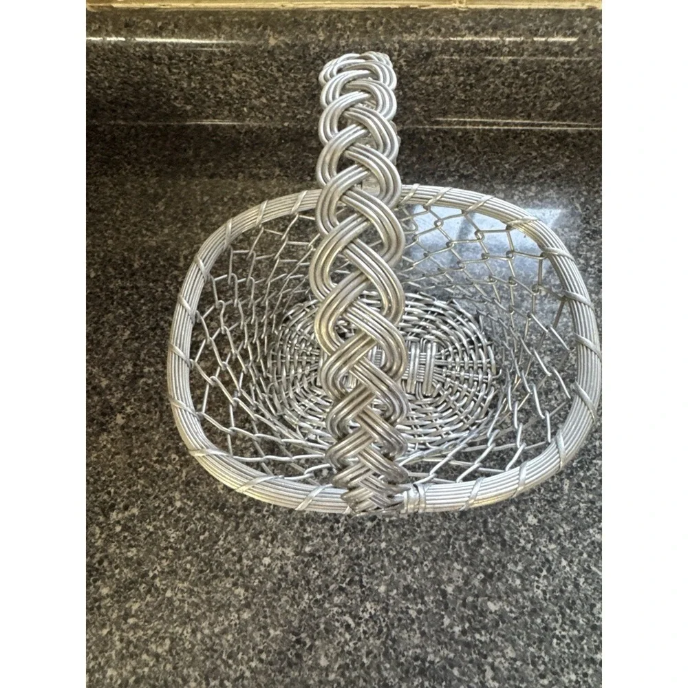 Vintage Aluminum Wire Basket with a Braided Handle‎